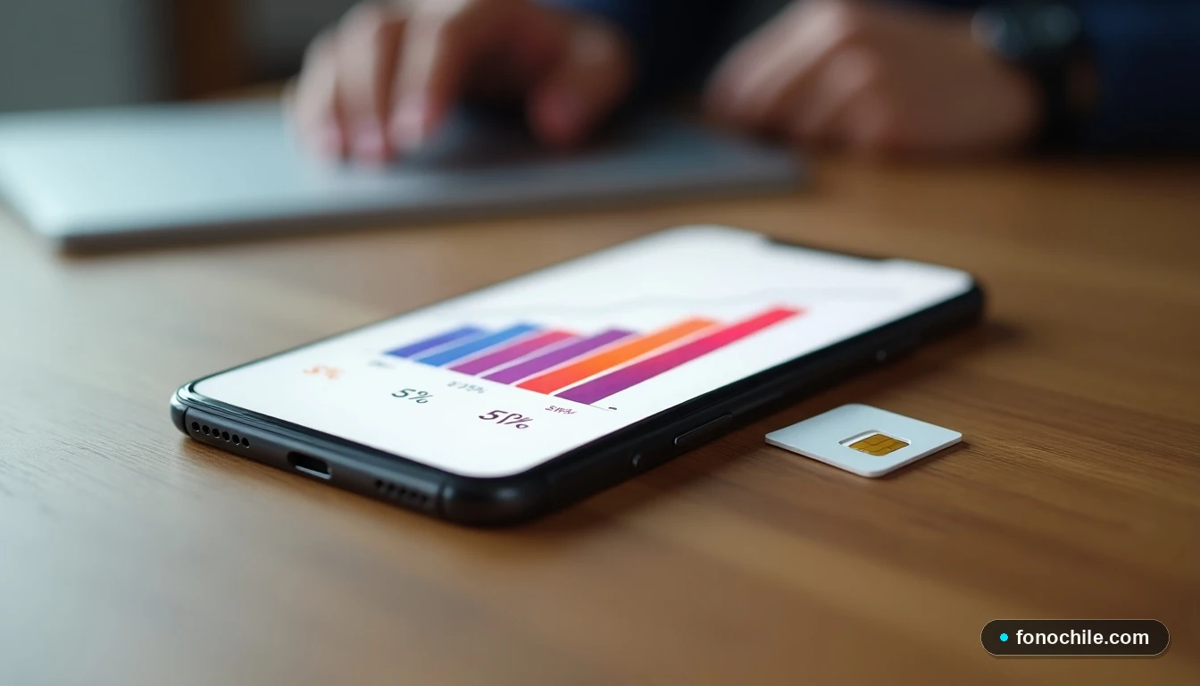 Smartphone mostrando gráfico de ahorros junto a chip SIM, representando ofertas de celulares con portabilidad.