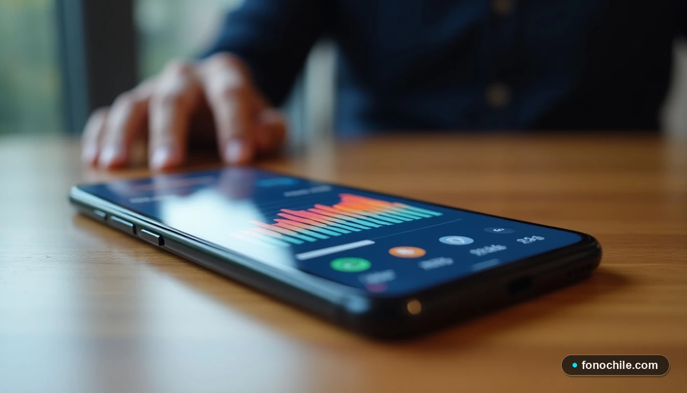 Smartphone mostrando gráficos abstractos de velocidad y cobertura de red en un entorno doméstico.