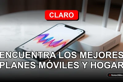 Planes móviles y de internet hogar Claro 2026 con gráficos abstractos en pantallas.