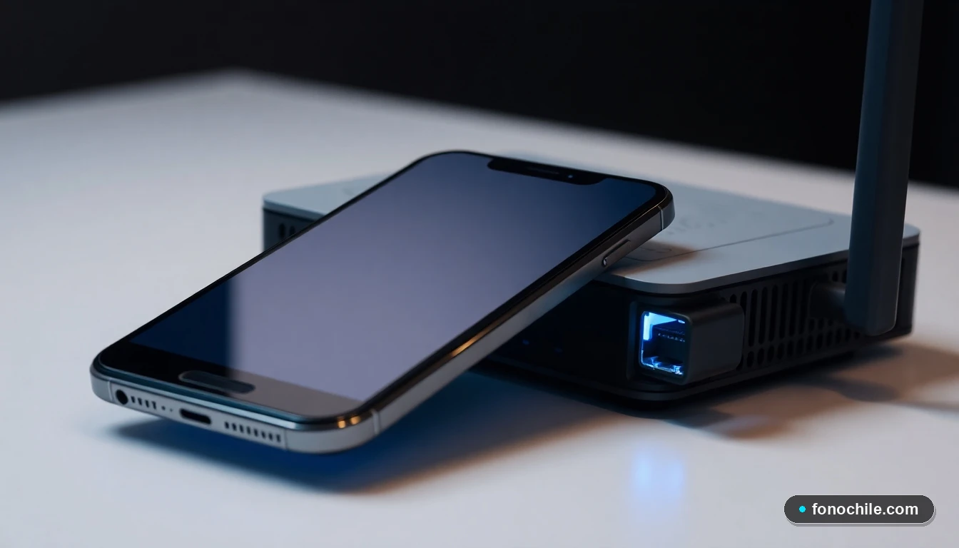 Smartphone y router moderno de Claro en una mesa, mostrando una interfaz genérica.