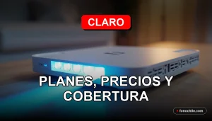 Fotografía de un moderno router Claro con luces LED azules y blancas, sobre una mesa de madera clara, con un cable de fibra óptica brillante entrando al dispositivo.