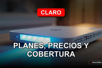 Fotografía de un moderno router Claro con luces LED azules y blancas, sobre una mesa de madera clara, con un cable de fibra óptica brillante entrando al dispositivo.