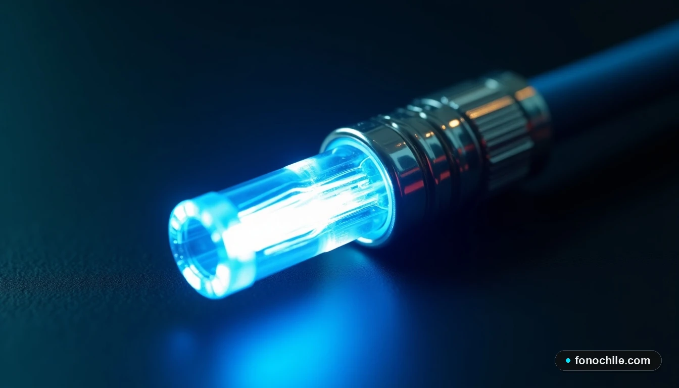 Macro detalle del conector de un cable de fibra óptica Claro, mostrando el núcleo de vidrio iluminado con una luz azul y blanca.