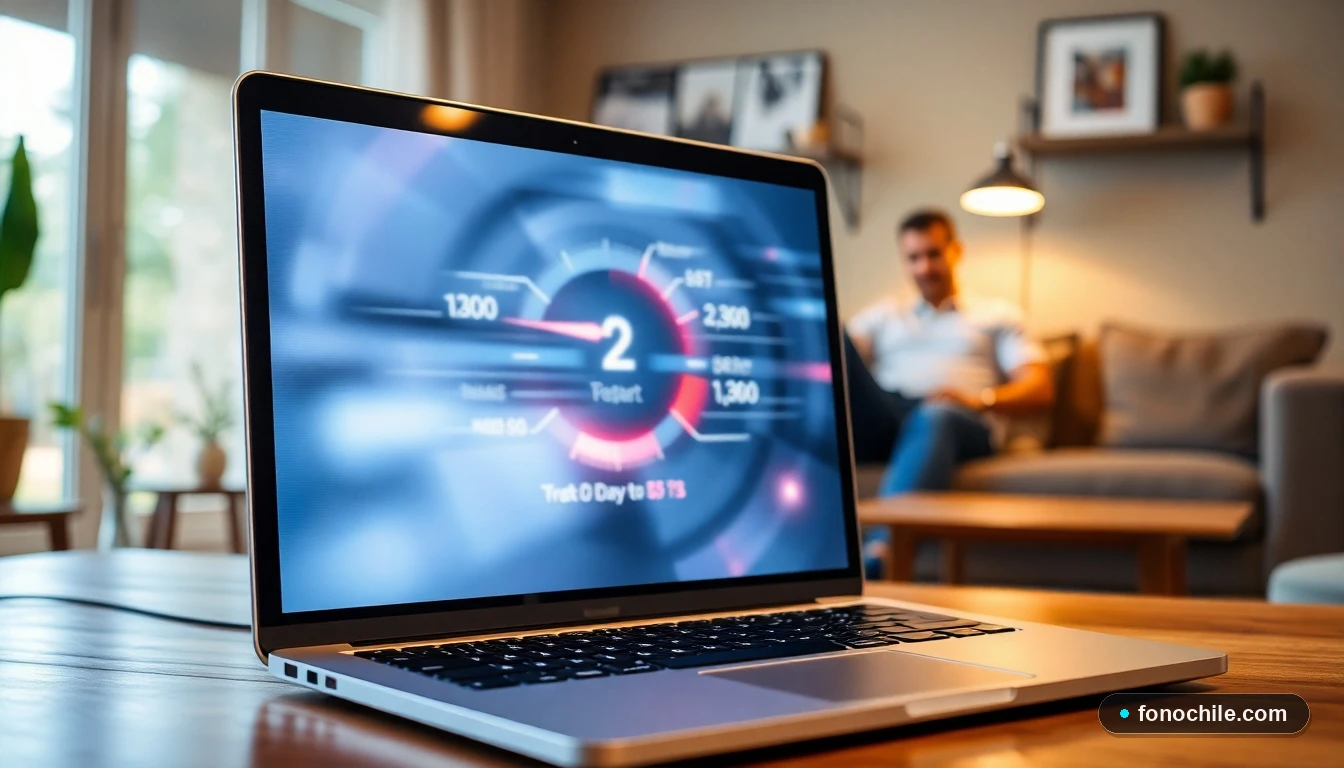 Gráfico abstracto de prueba de velocidad de internet en una laptop, mostrando conexión óptima para el hogar chileno.