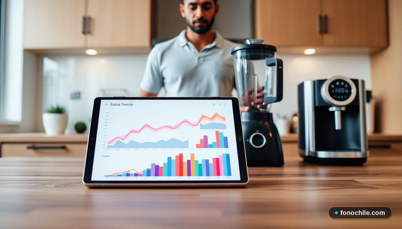 Tablet mostrando gráficos de tendencias de compra junto a electrodomésticos modernos en una cocina chilena.