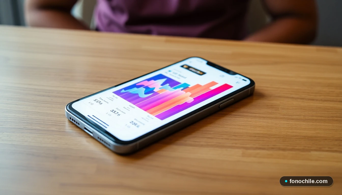 Smartphone mostrando gráficos abstractos de comparación de planes móviles y ofertas en Chile.