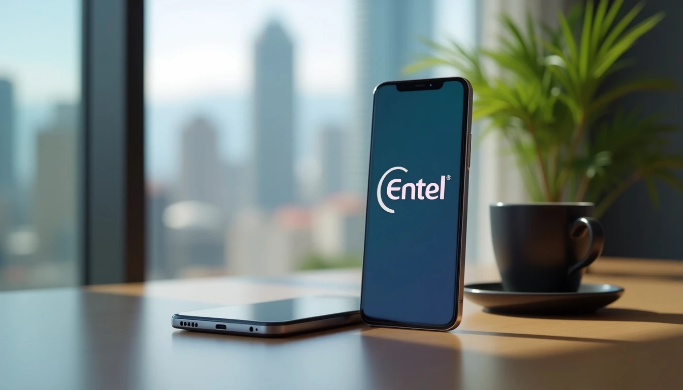 Smartphone mostrando la app de Entel con una oferta especial, sobre un escritorio moderno en Santiago.