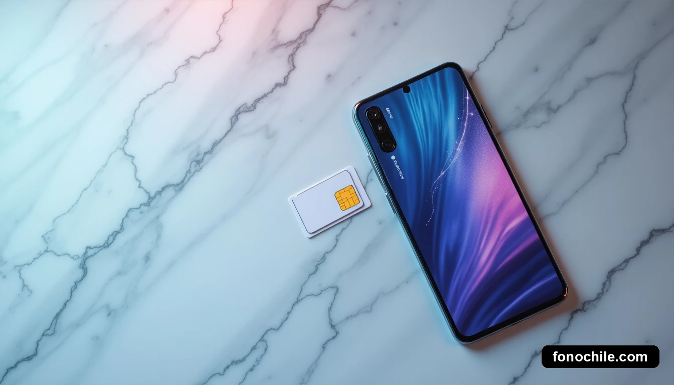 Disposición superior de un teléfono inteligente y una tarjeta SIM sobre mármol, con elementos de luz que representan conexión de red.