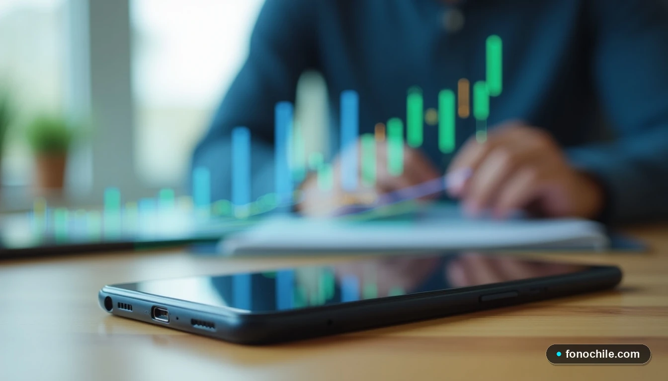 Smartphone moderno sobre una mesa con gráficos de datos abstractos de colores que representan ofertas y crecimiento de servicios móviles.