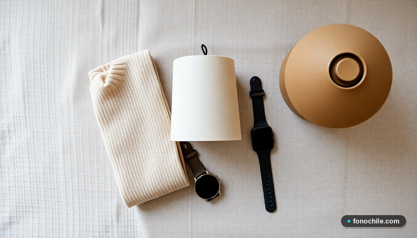 Vista superior de productos destacados de Falabella: suéter, lámpara y reloj inteligente.