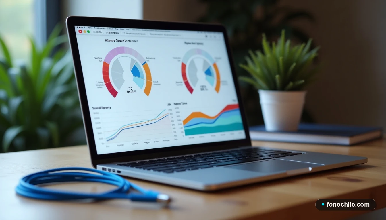Laptop mostrando gráficos de velocidad de internet junto a un cable de fibra óptica en un escritorio moderno.