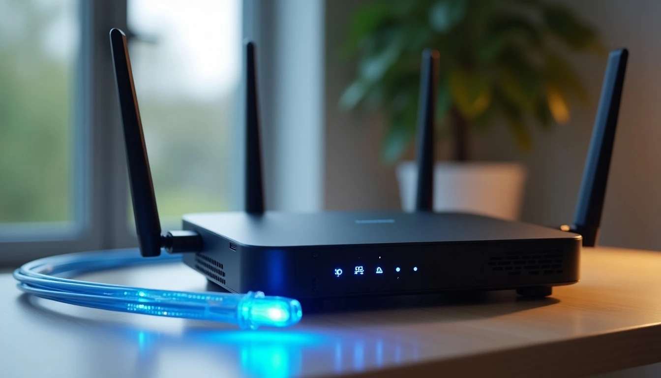 Router de fibra óptica moderno con cable de fibra brillante sobre un escritorio de madera, representando conexión de alta velocidad en el hogar.