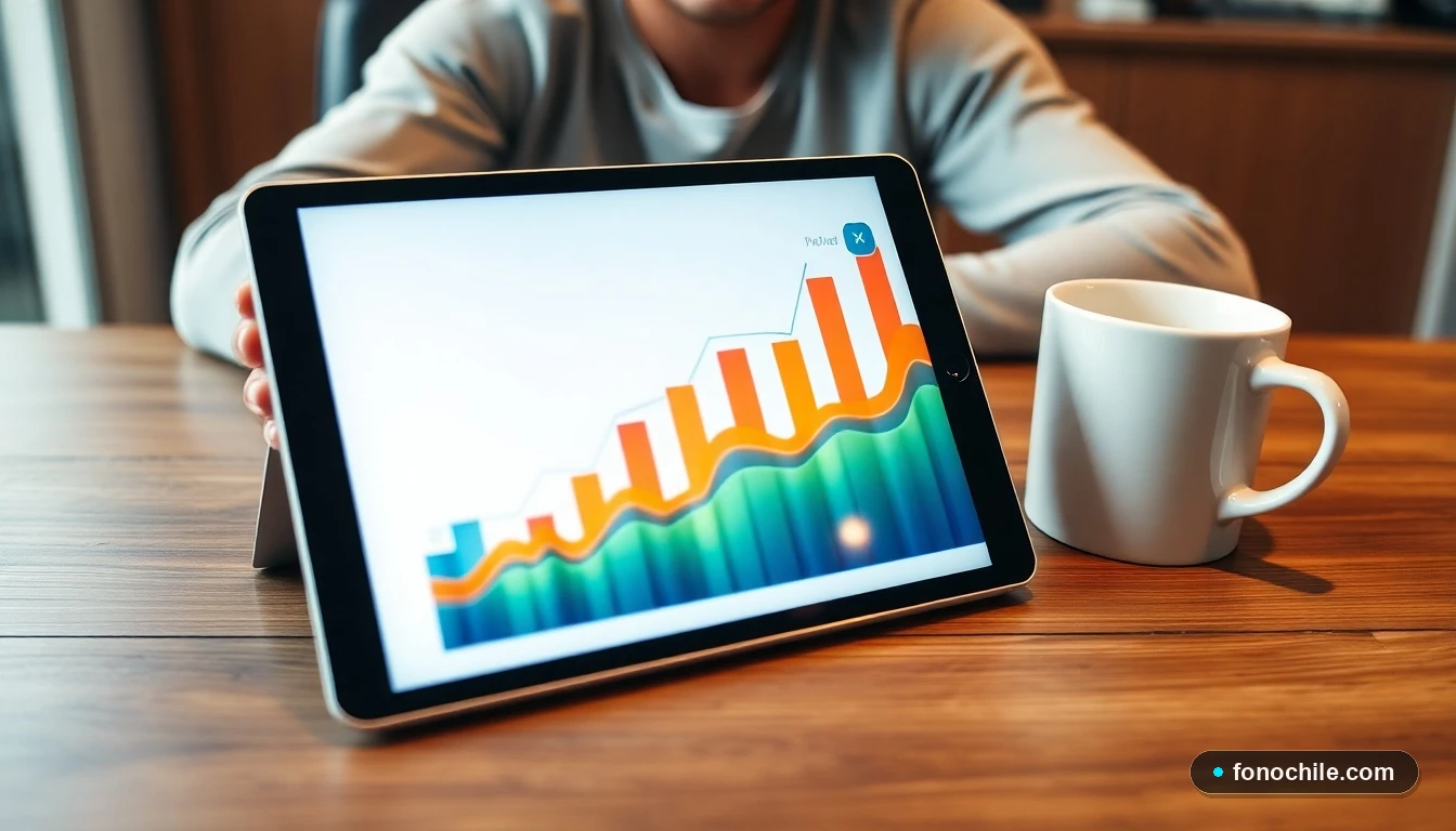 Gráfico abstracto de tendencias de crecimiento de velocidad de internet y ofertas del mercado, visto en una tablet sobre un escritorio.