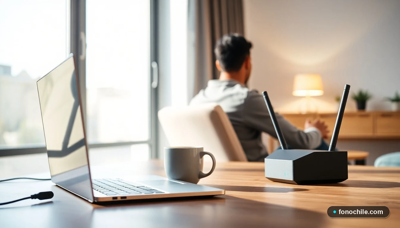 Configuración moderna de oficina en casa con laptop y router Wi-Fi, representando una conexión a internet fijo estable y rápida.