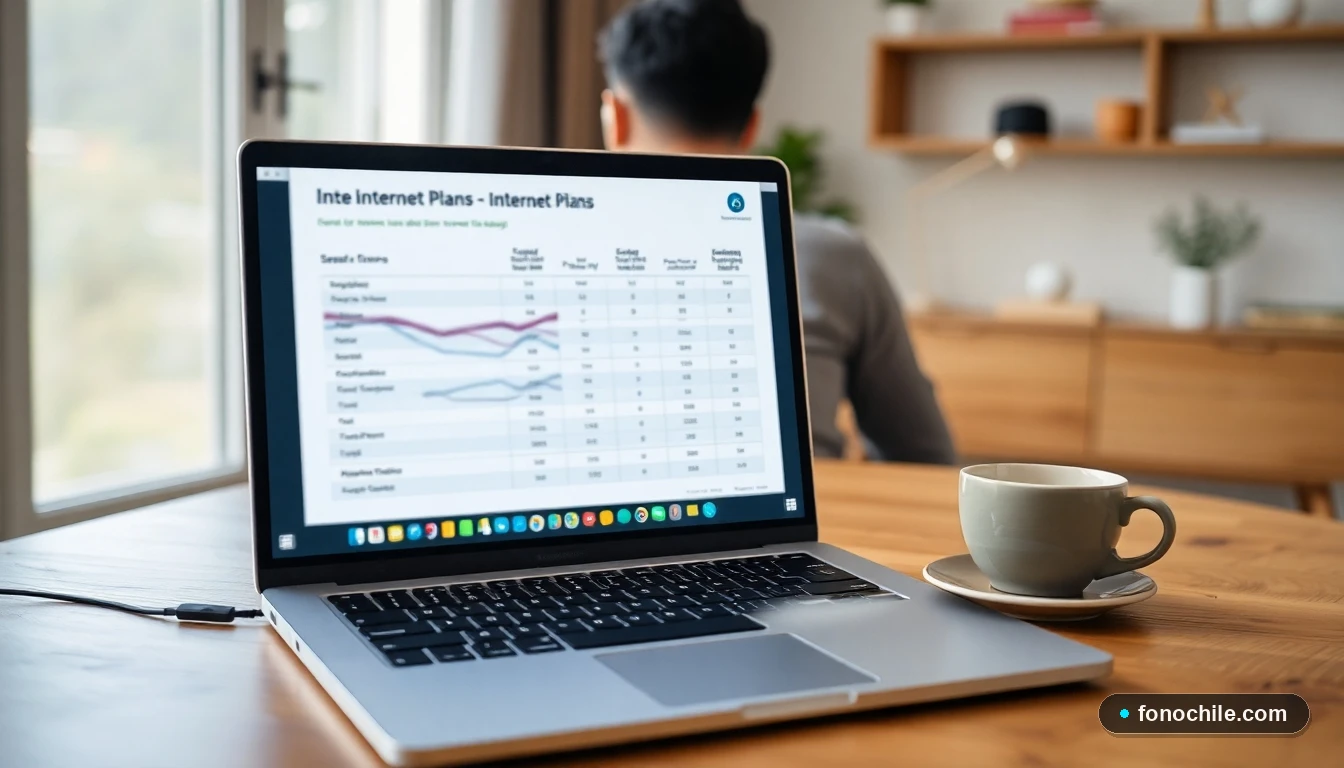 Computador portátil mostrando una comparación abstracta de ofertas de internet para el hogar en un escritorio moderno.
