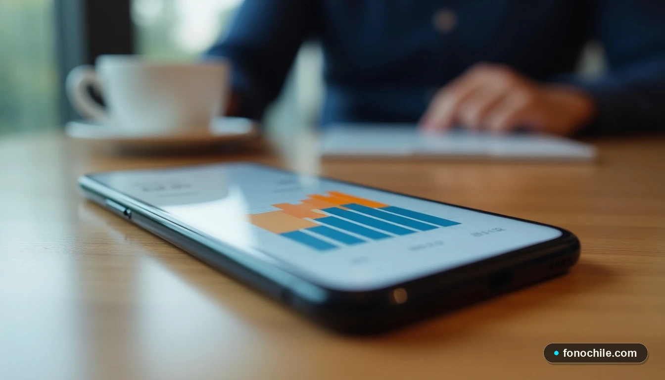 Smartphone mostrando gráficos de comparación de datos móviles en colores vibrantes sobre una mesa de madera.