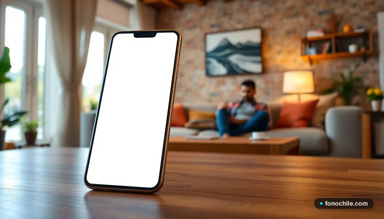 Smartphone mostrando visualización abstracta de datos en una mesa, representando planes de internet móvil de alta velocidad.