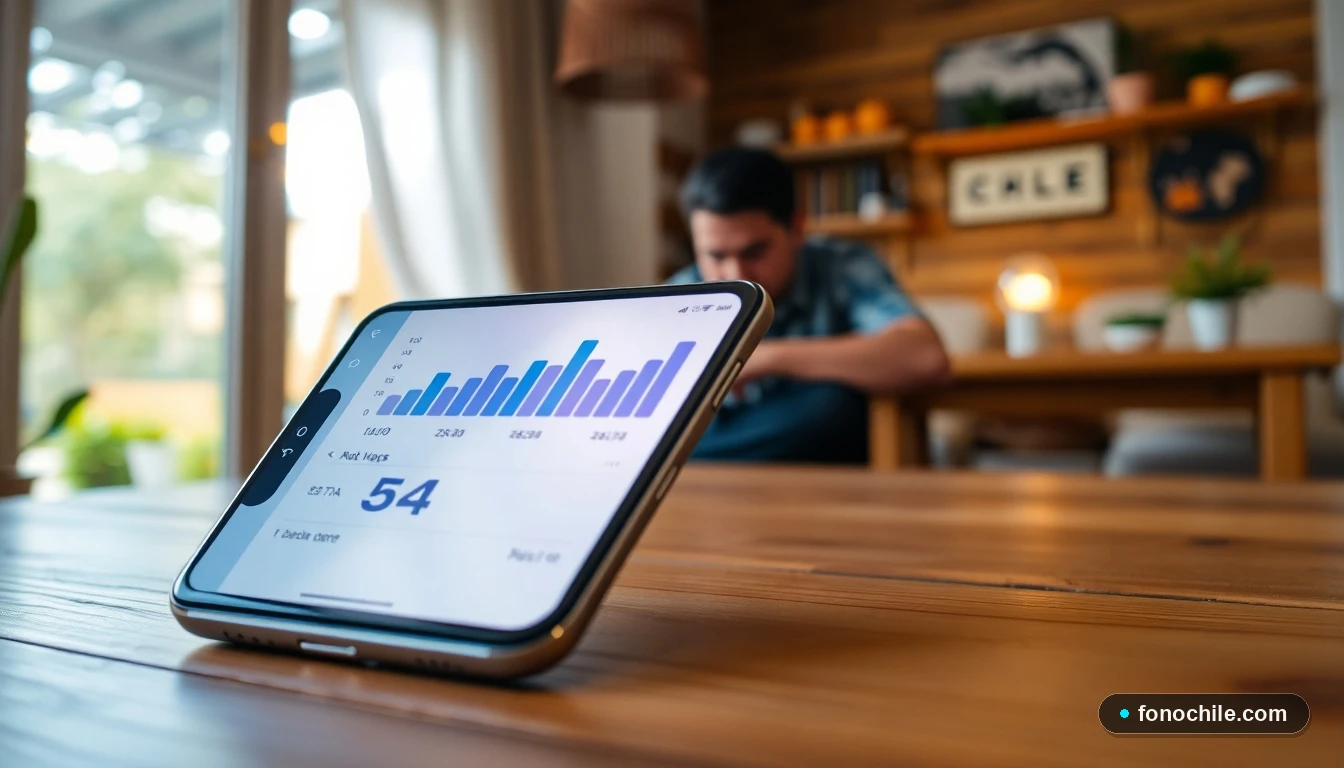 Smartphone mostrando gráficos de uso de datos en una mesa, representando la búsqueda de ofertas de internet móvil en Chile.