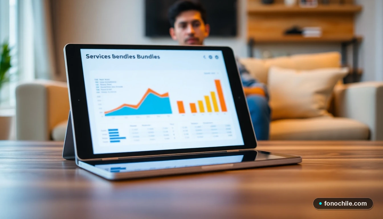 Gráfico comparativo abstracto y colorido de paquetes de servicios de telecomunicaciones mostrado en una tablet sobre una mesa.