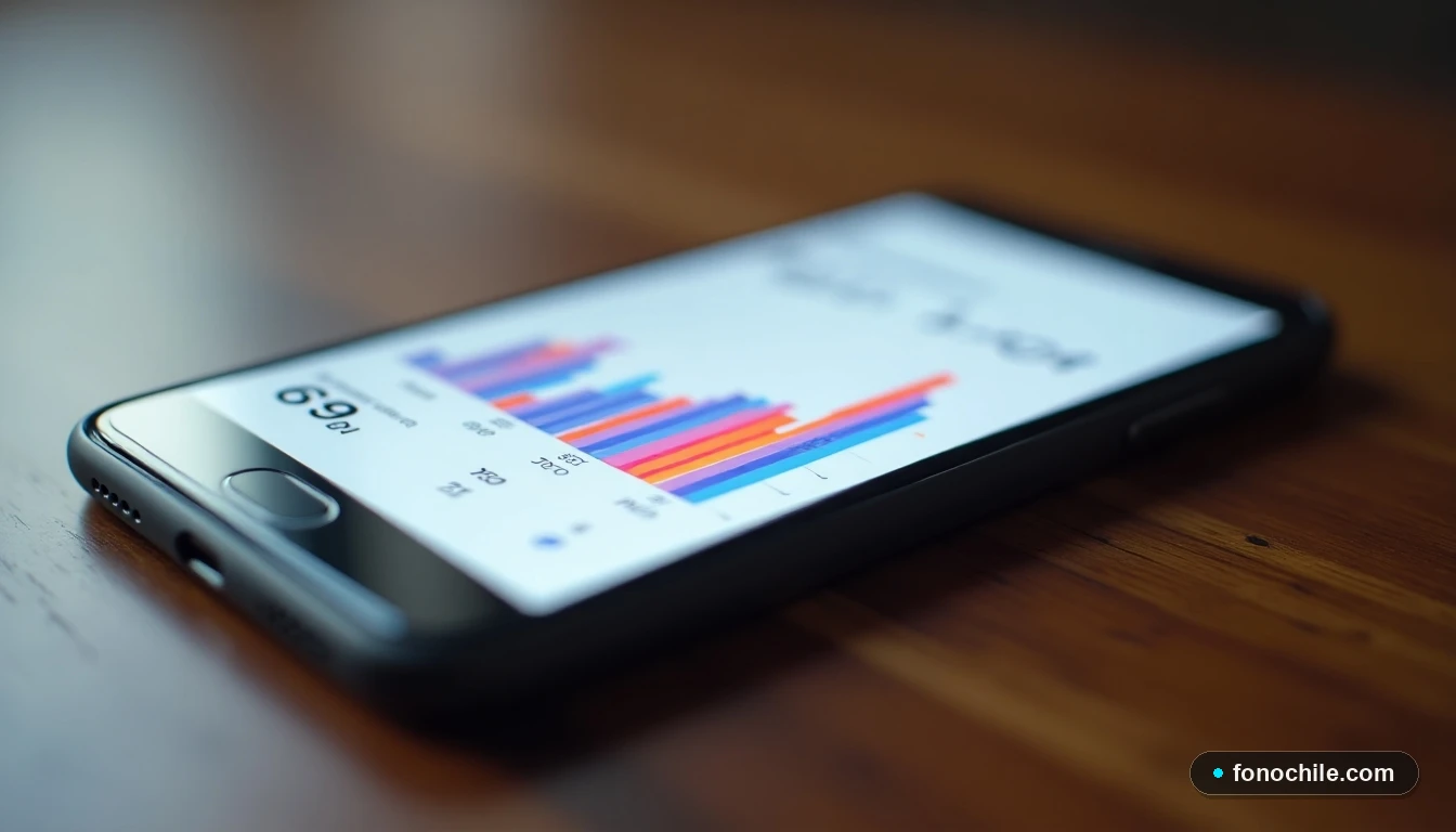 Gráficos abstractos de colores mostrando comparativa de precios y datos en la pantalla de un smartphone.