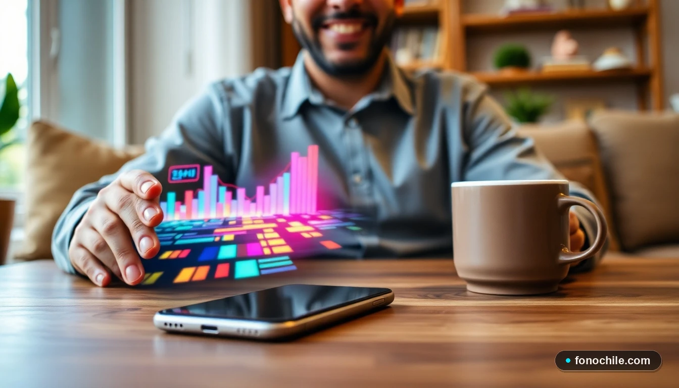 Hombre revisando ofertas de telefonía móvil en su smartphone en un ambiente hogareño.