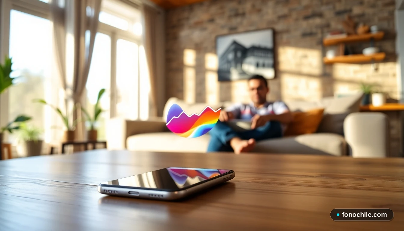 Smartphone mostrando gráficos de consumo de datos en un entorno hogareño, relacionado con planes de telefonía móvil.