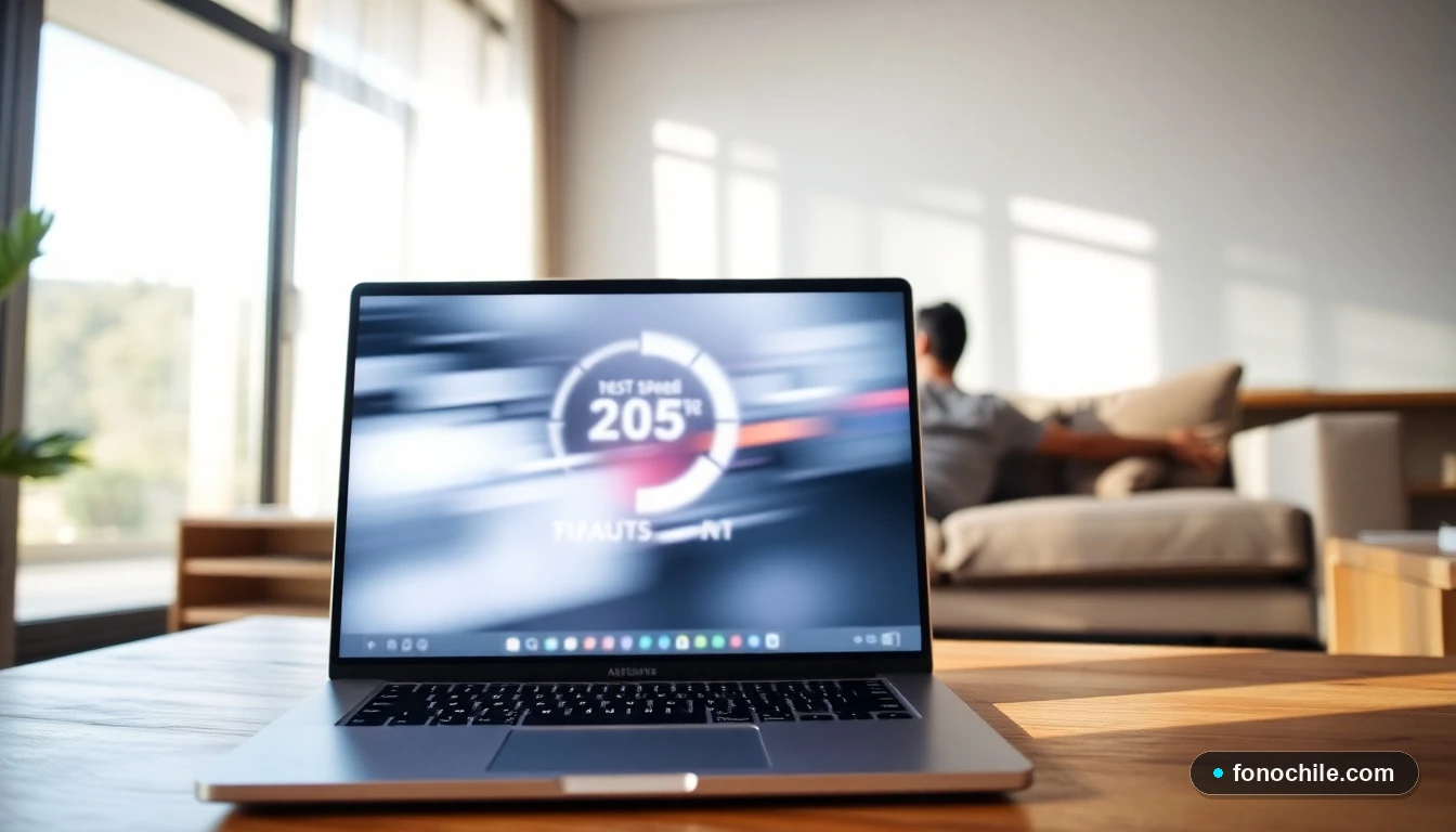 Hombre en su hogar en Chile revisando la velocidad de su conexión a internet de fibra óptica en un laptop.