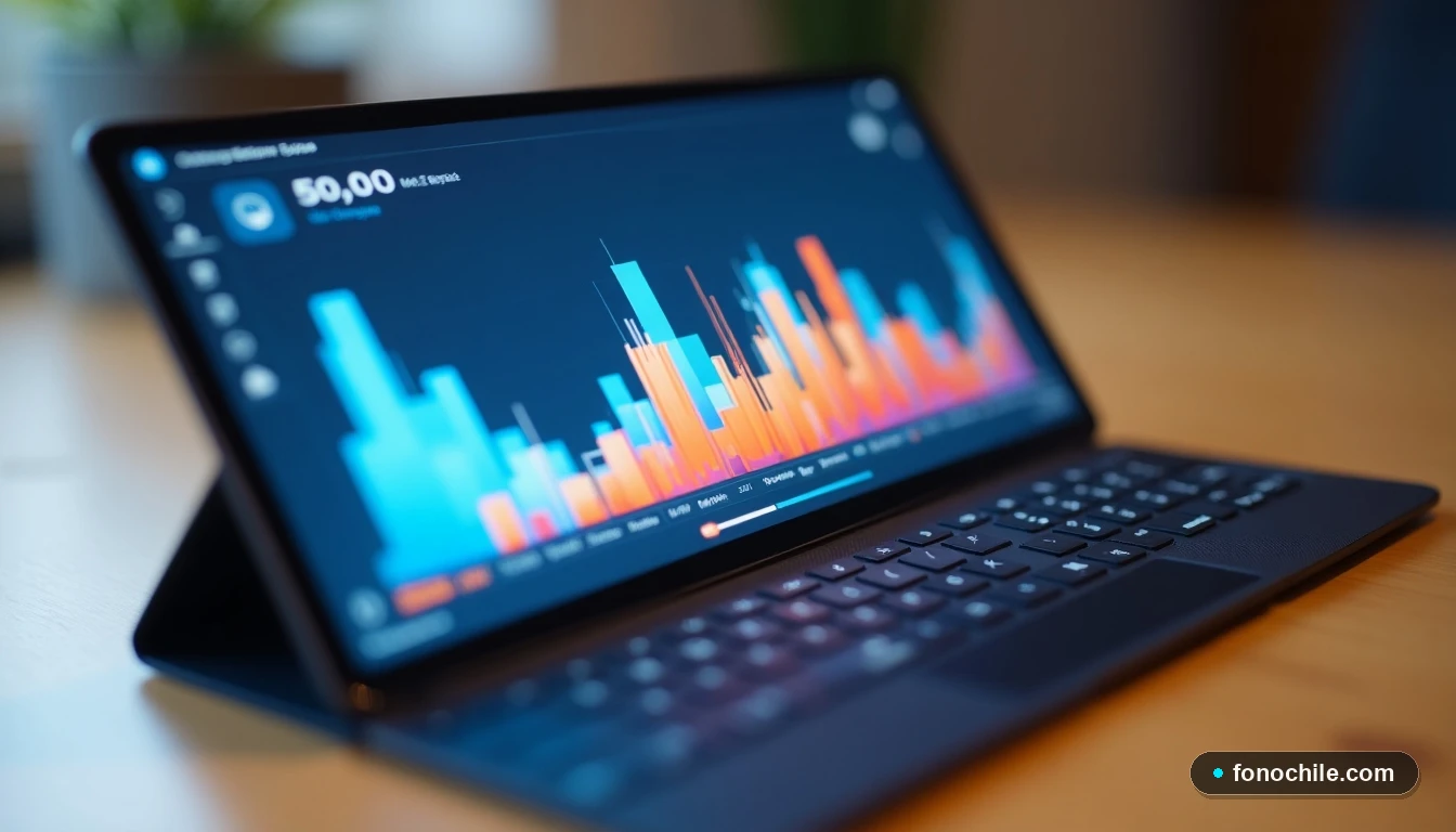 Tablet mostrando gráficos abstractos de velocidad de internet fibra óptica en un escritorio moderno.