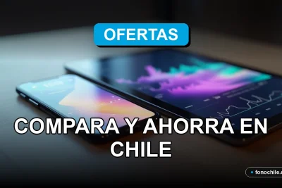 Comparador de ofertas de servicios móviles e internet en Chile mostrando gráficos abstractos en pantallas.