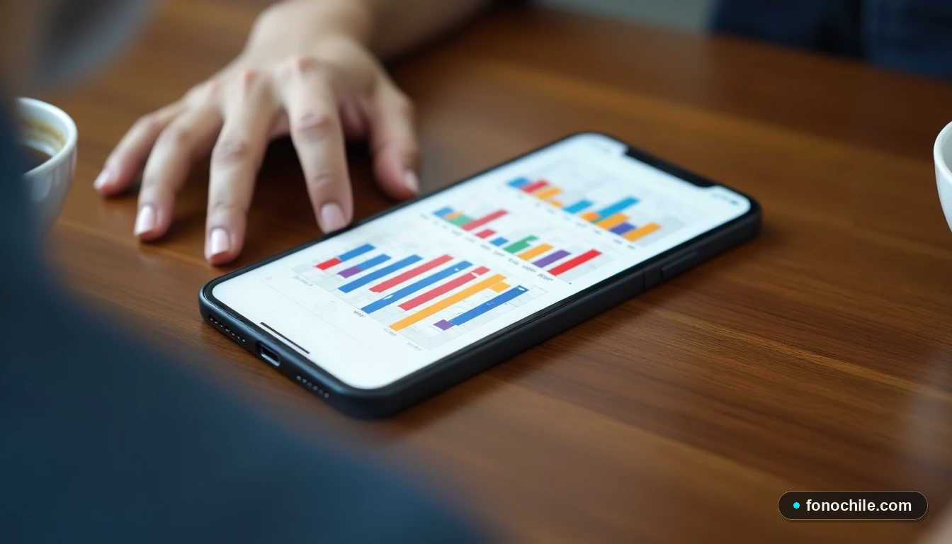 Smartphone mostrando gráficos abstractos de comparación de precios de planes telefónicos en Chile.