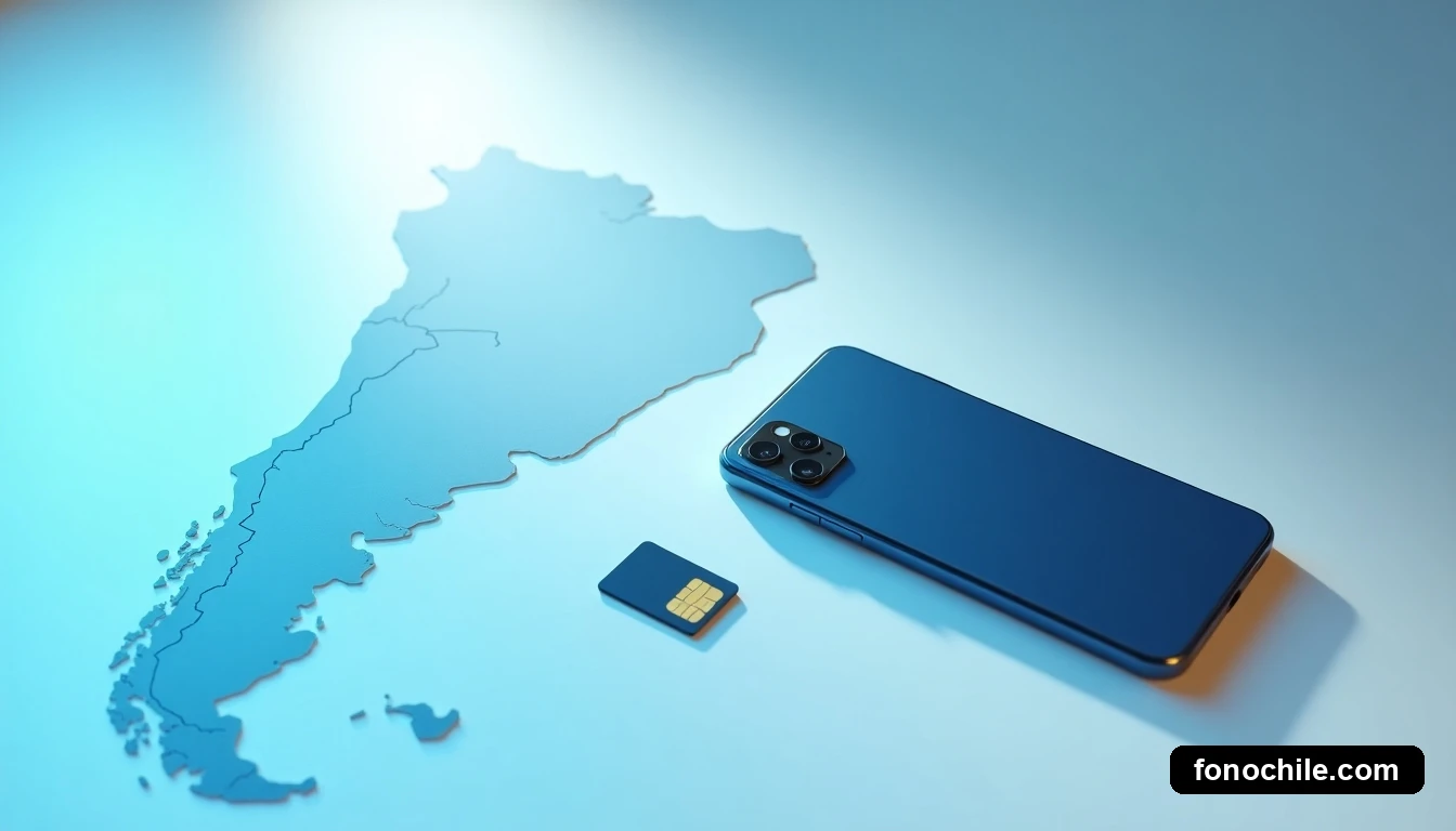 Smartphone y SIM card de Mundo Pacífico Chile sobre un mapa luminoso, representando cobertura y planes nacionales.
