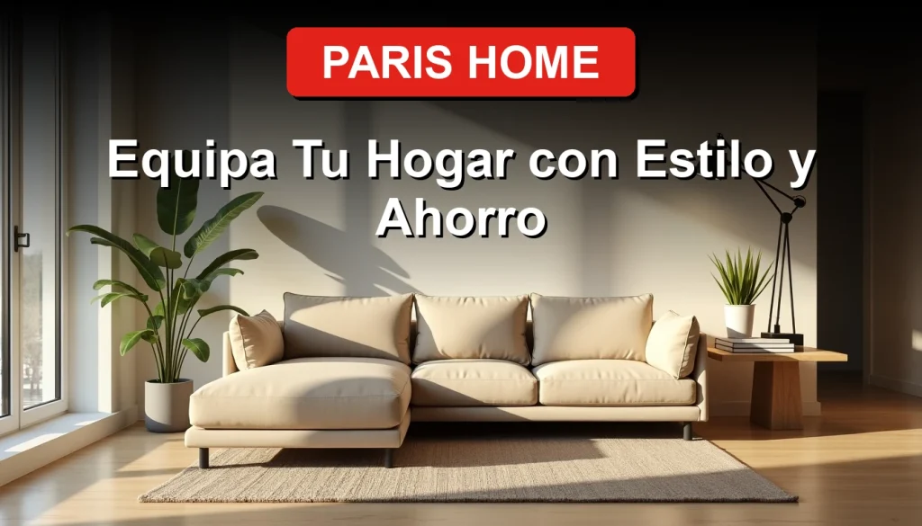 Ofertas Paris Home 2026 - Sala de estar moderna con sofá beige y lámpara de diseño, promoción de muebles y decoración.
