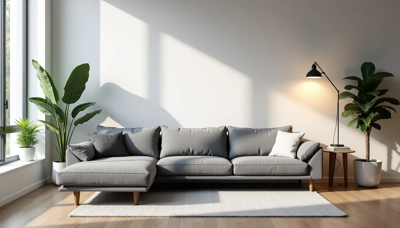 Sala de estar moderna y acogedor con sofá modular Paris Home, iluminación perfecta y decoración minimalista.