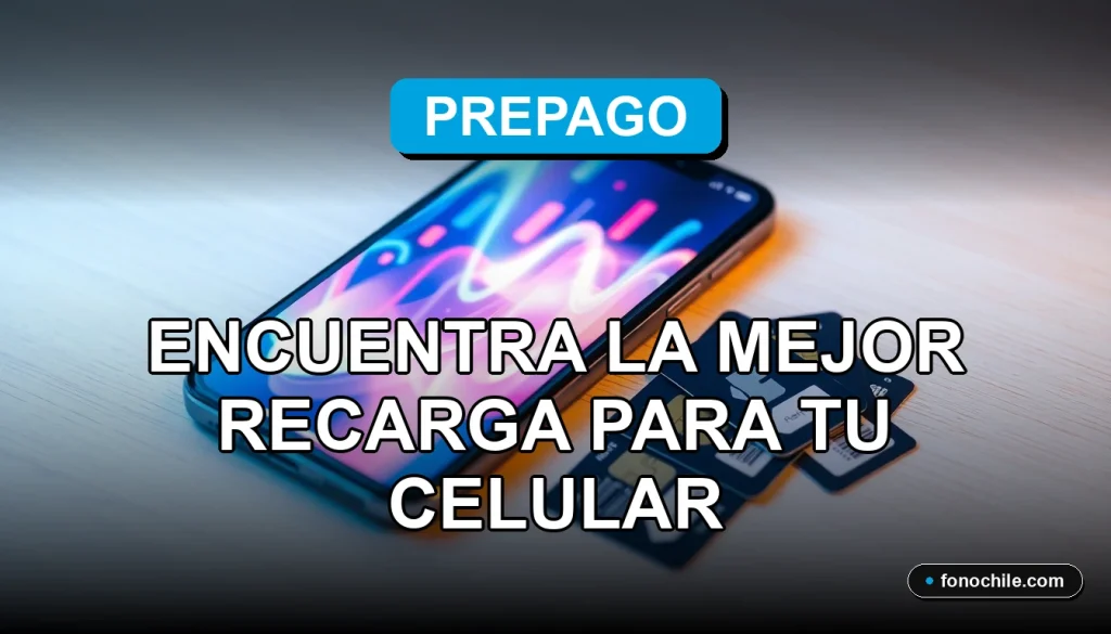 Un celular moderno con pantalla que muestra gráficos de colores sobre una mesa de madera, junto a tarjetas de recarga.