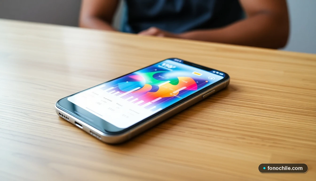 Smartphone mostrando gráficos abstractos de colores sobre ofertas y datos de planes prepago en Chile.