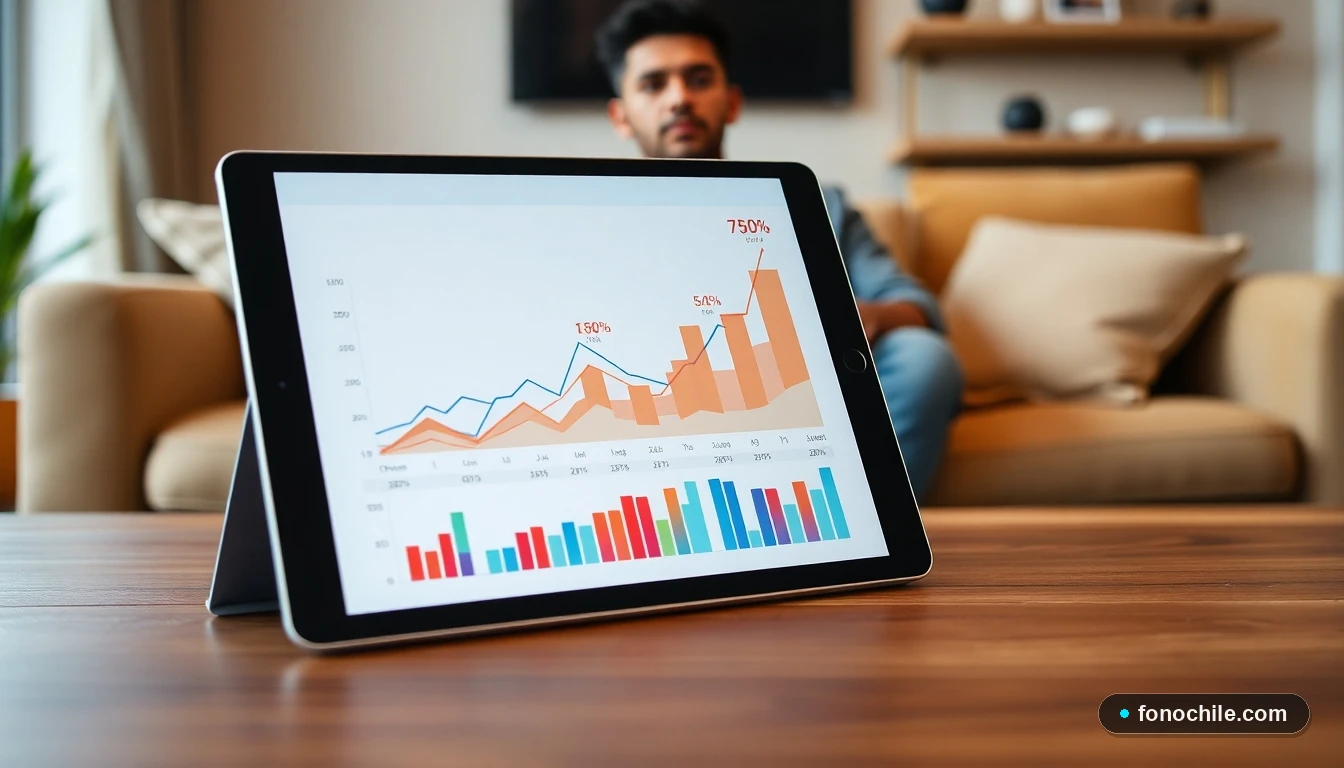 Gráfico abstracto de tendencias de ofertas de televisión por fibra óptica en una tablet sobre una mesa.