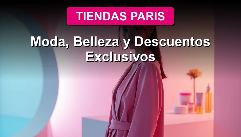 Mujer elegante con vestido rosa chic de Tiendas Paris 2026, sonriendo frente a fondo arquitectónico minimalista.