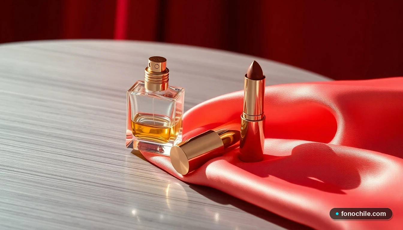 Primer plano de productos de belleza de lujo, perfume y labial, en oferta para Tiendas Paris 2026.