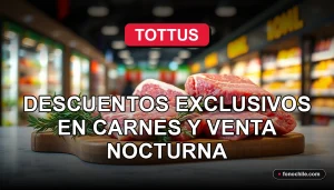 Ofertas de carnes frescas y venta nocturna en supermercado Tottus, con productos en exhibición.