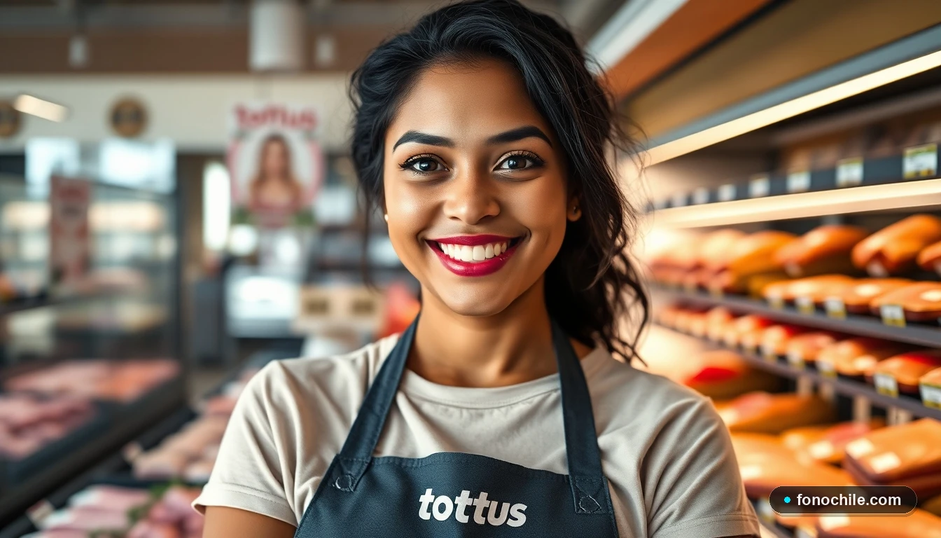 Asociada de Tottus sonriendo frente al mostrador de carnes, listo para atenderte durante la venta nocturna.
