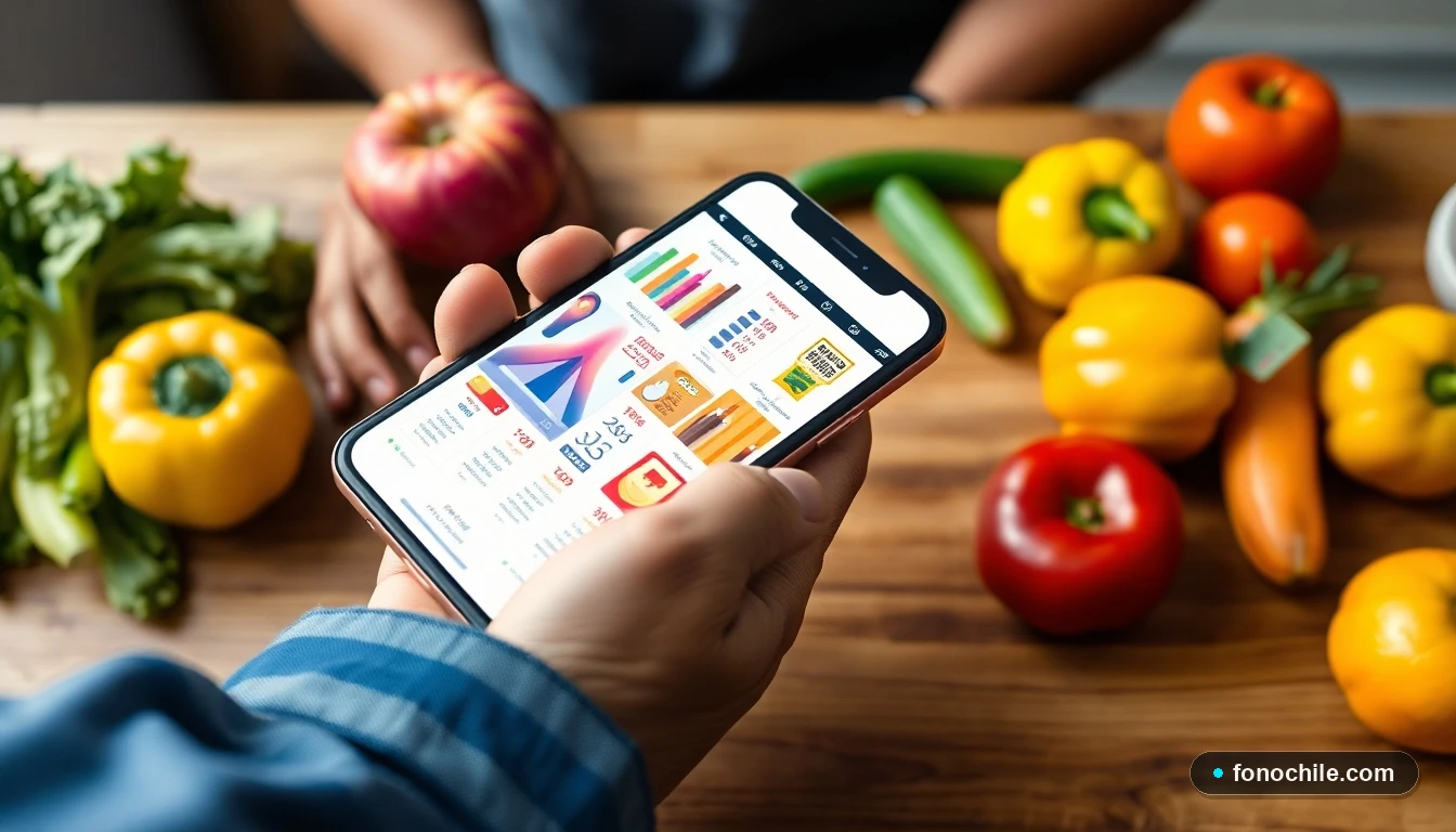 Smartphone mostrando ofertas semanales de supermercado con gráficos de colores, sobre una mesa de cocina con productos frescos.