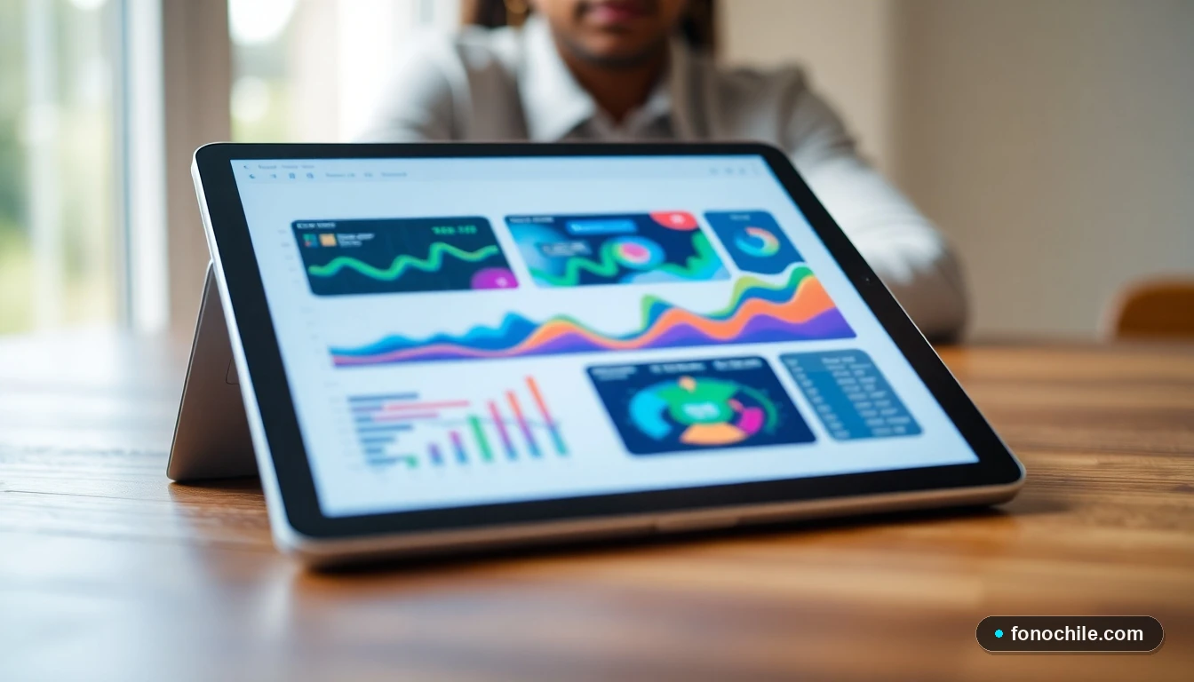 Tableta mostrando gráficos abstractos de datos de rendimiento de internet en colores vibrantes sobre un escritorio.