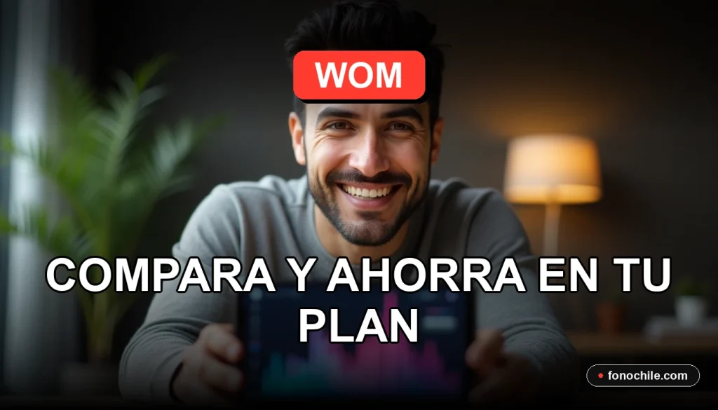 Un hombre hispano sonriendo mira a la cámara con un teléfono inteligente mostrando gráficos abstractos de colores, representando las ofertas y planes de WOM para 2026.
