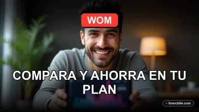 Un hombre hispano sonriendo mira a la cámara con un teléfono inteligente mostrando gráficos abstractos de colores, representando las ofertas y planes de WOM para 2026.
