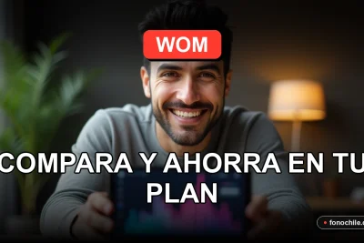 Un hombre hispano sonriendo mira a la cámara con un teléfono inteligente mostrando gráficos abstractos de colores, representando las ofertas y planes de WOM para 2026.