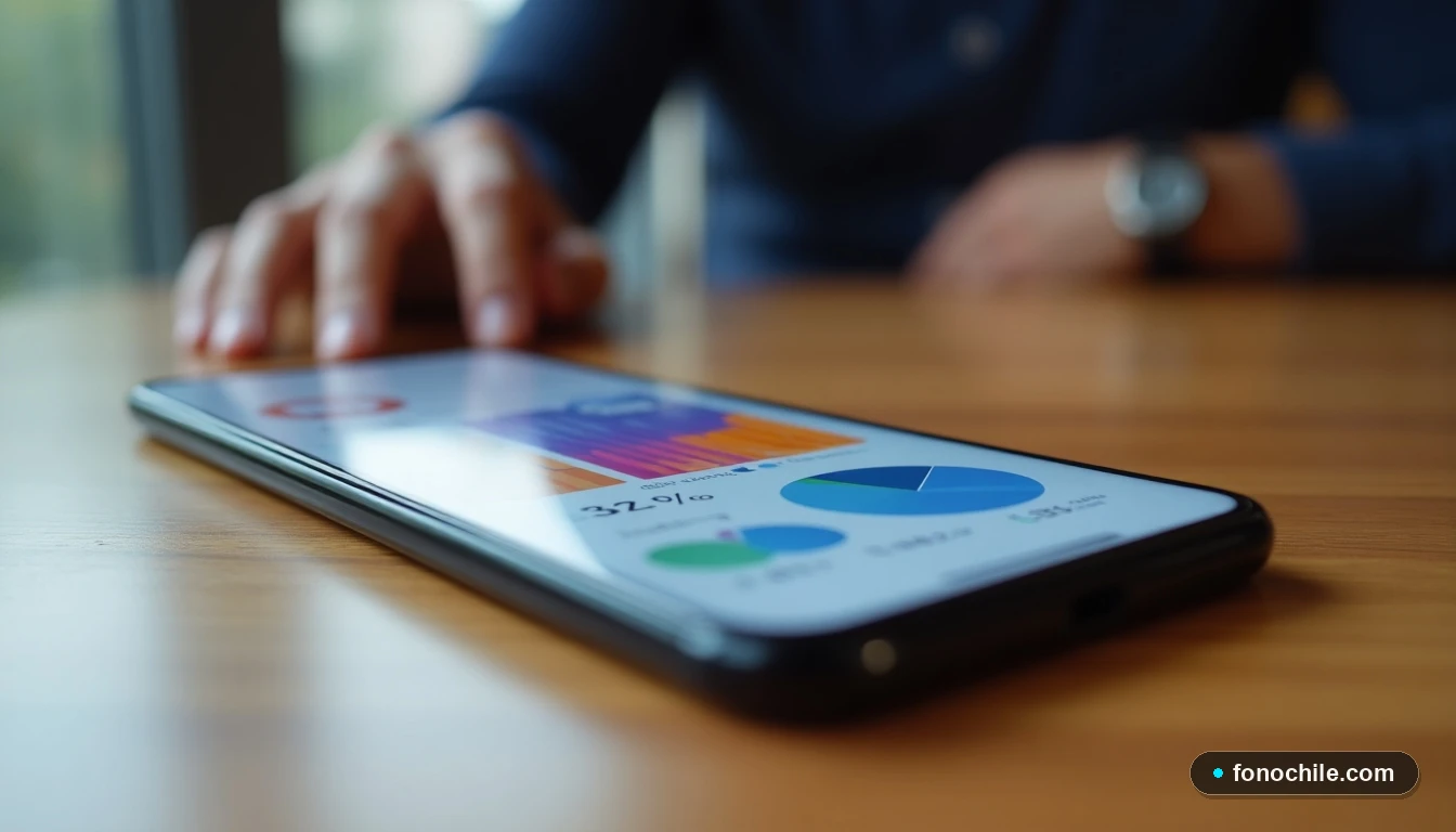 Smartphone mostrando gráficos de comparación de ofertas y precios de telecomunicaciones en colores vibrantes.