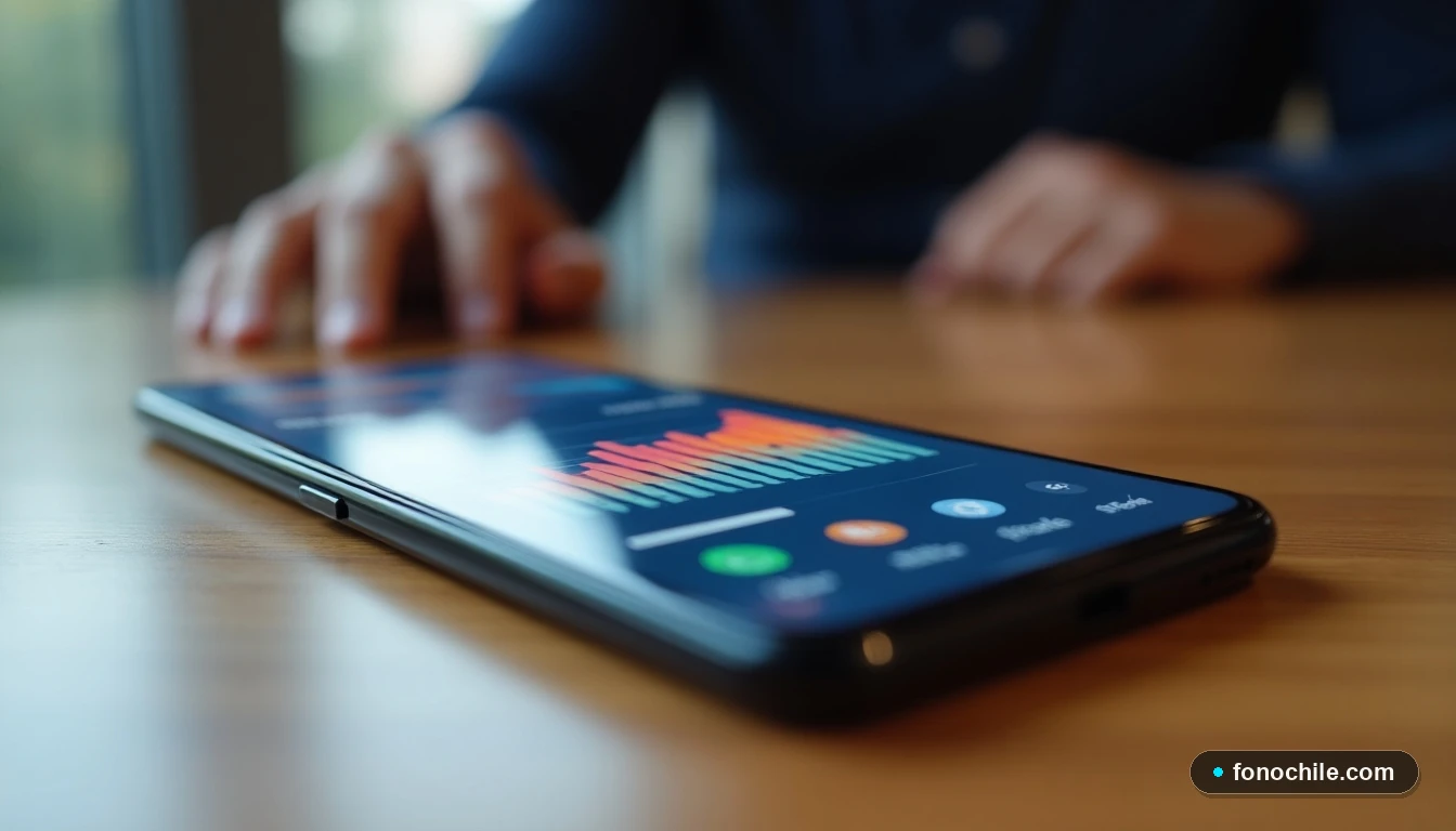 Smartphone mostrando gráficos de cobertura y velocidad de internet en una mesa de madera, concepto de conectividad.