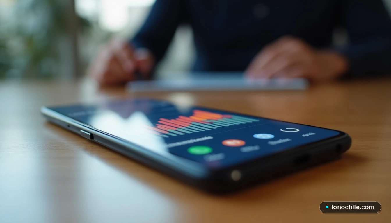 Smartphone mostrando gráficos de datos abstractos sobre velocidad de internet y ofertas de telecomunicaciones en Chile.