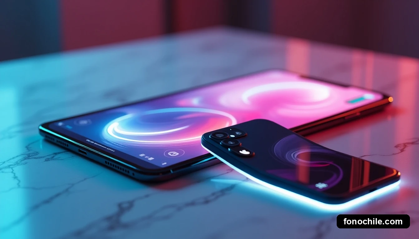 Dispositivos tecnológicos modernos, un teléfono y una tablet, mostrando interfaces genéricas difusas, en una composición minimalista.