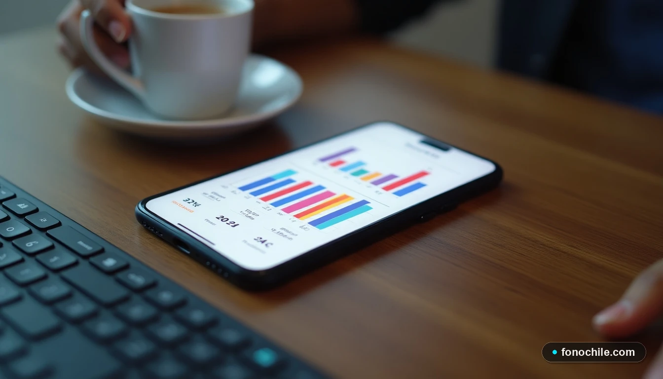 Smartphone mostrando gráficos de consumo de datos y velocidad de red en una mesa, junto a una taza de café.